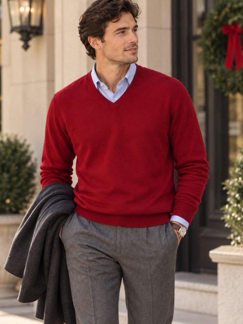 Express 100% Merino Wool Red V-Neck Pullover Sweater Men's Sz XL Classic Office